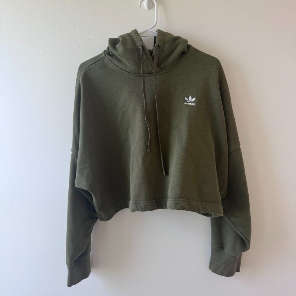 Adidas Originals Trefoil Olive Green Cropped Pullover Hoodie Women's Size Small